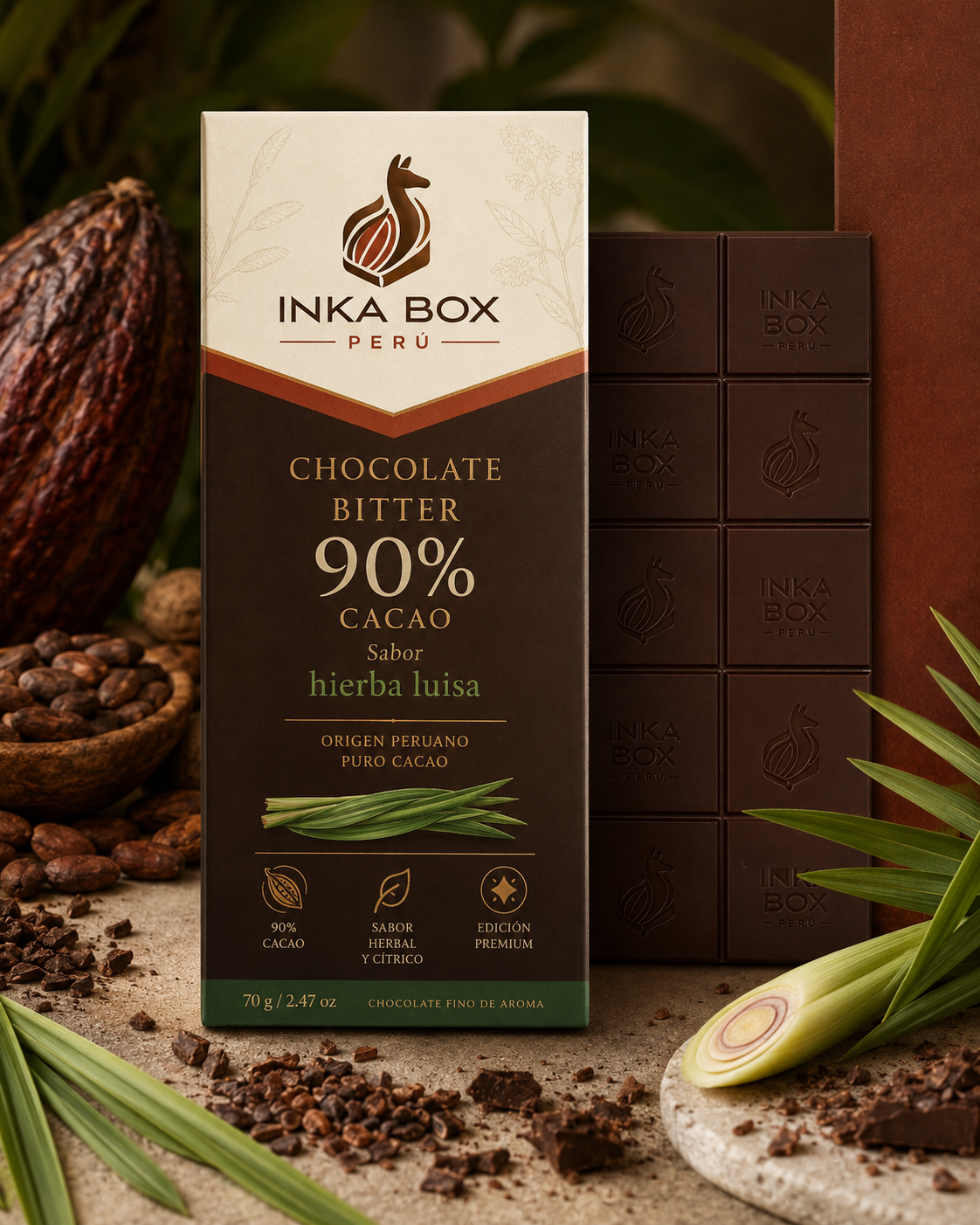 Chocolate bitter 90% cacao sabor hierba luisa INKA BOX PERÚ